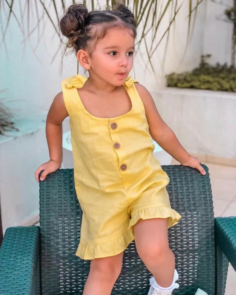 Baby Girls Summer Sleeveless Romper Lace-up Button Down Ruffled Jumpsuit