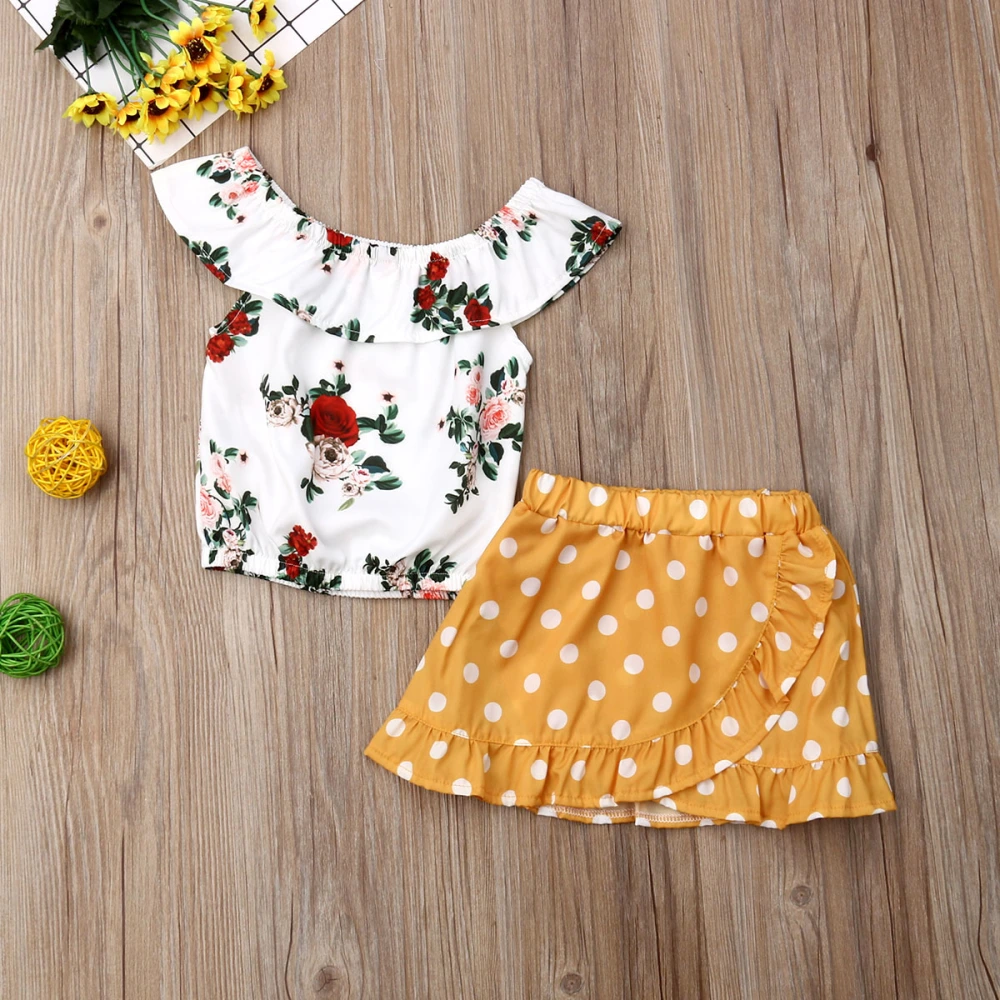 Girl's Sleeveless Ruffle Collar Floral T-shirt + Polka Dot Print Skirt