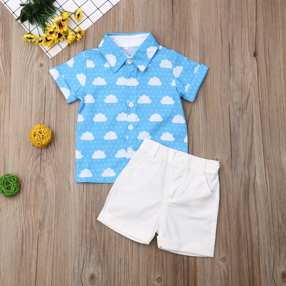 Baby Boys Summer Clothes Short Sleeve Clouds Polka Dot Shirt+Solid Color Shorts