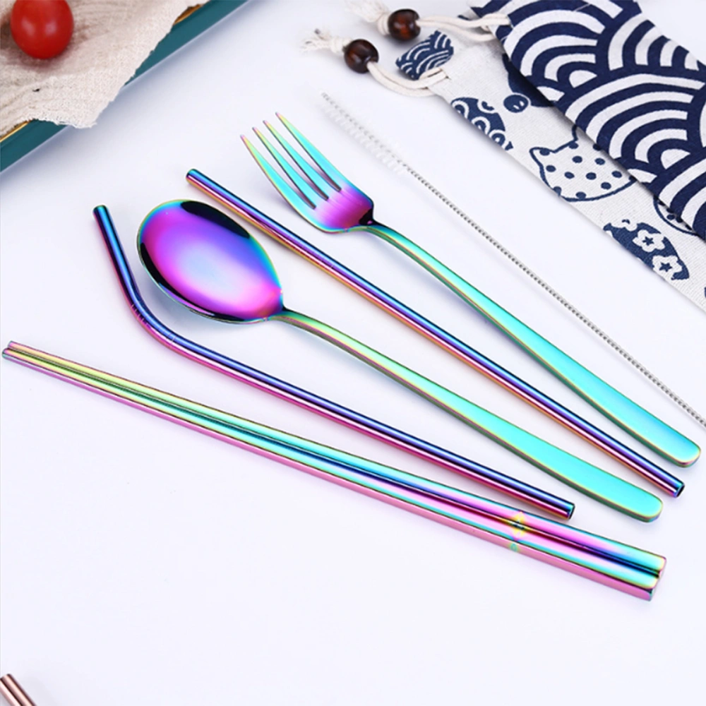 5 Pcs Solid Color/Gradient Color Tableware Set Spoon Fork Straw Brush