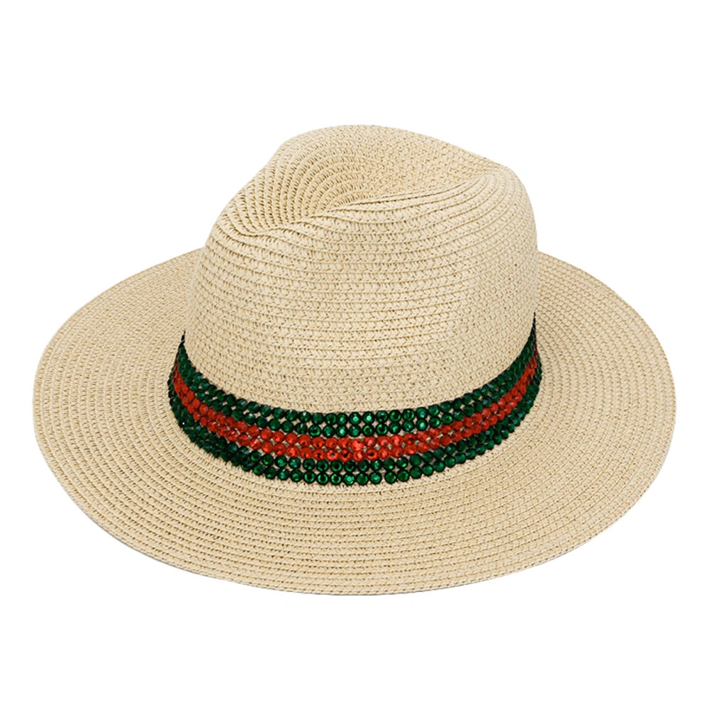 Men Women Straw Hat, Wide Brim Rhinestones Striped Panama Cap