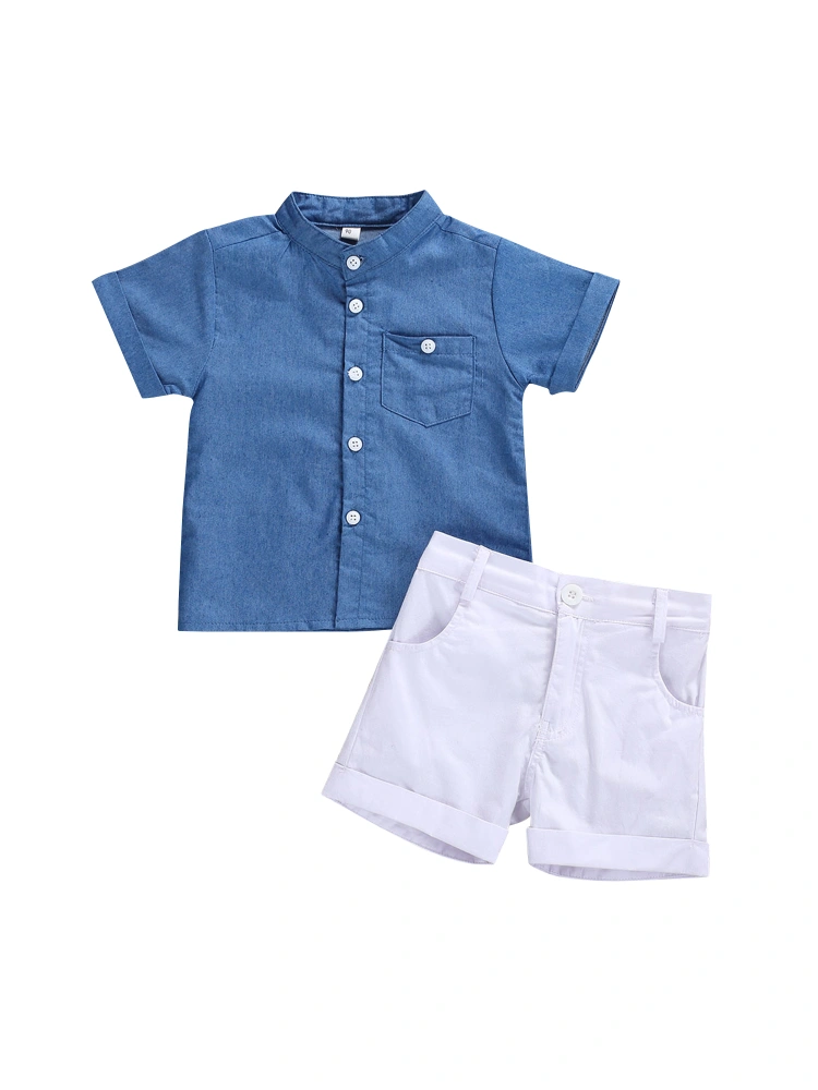 Baby Boys Summer Clothes Set Short Sleeve Lapel Button Denim Shirt+Shorts