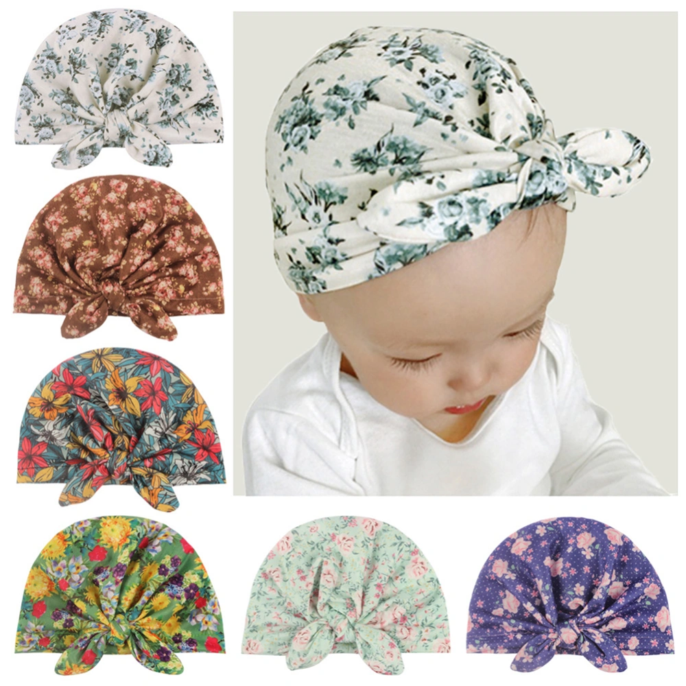 Baby Girl Rabbit Ear Hat, Flower Printed Colorful Casual Knot Hats