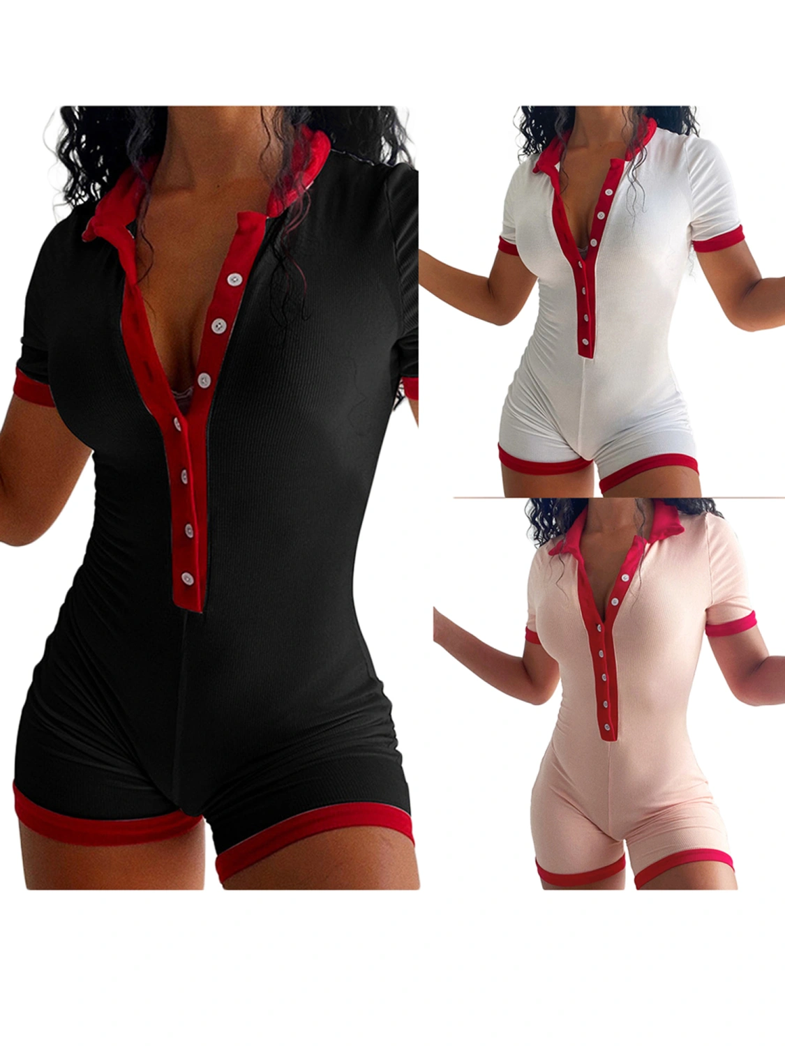 Women Summer Fashion Playsuit Patchwork Turn-Down Collar Jumpsuit