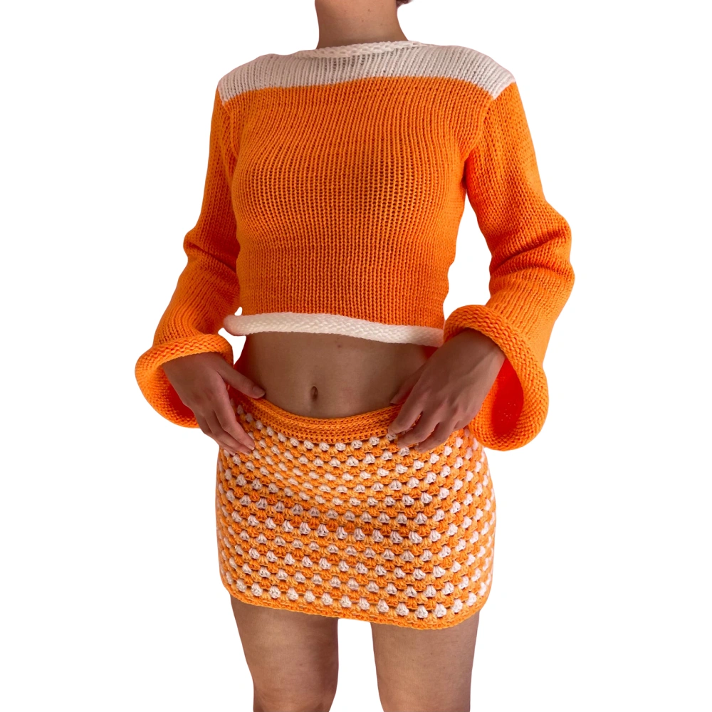 Women Knitted Crop Sweater Contrast Color Long Sleeves Pullover Tops