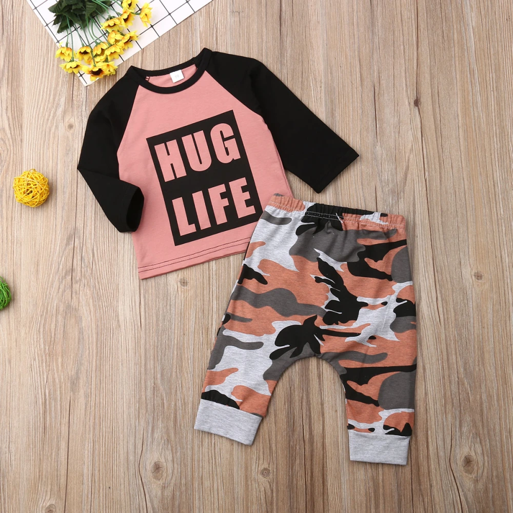 Baby 2PCS Outfit Set, Letter Printed Top, Long Camouflage Pants Set, 0-24 Months