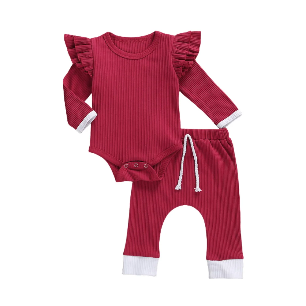 Girls 2 Pieces Outfit, Ruffle Long Sleeve Romper + Pants Set