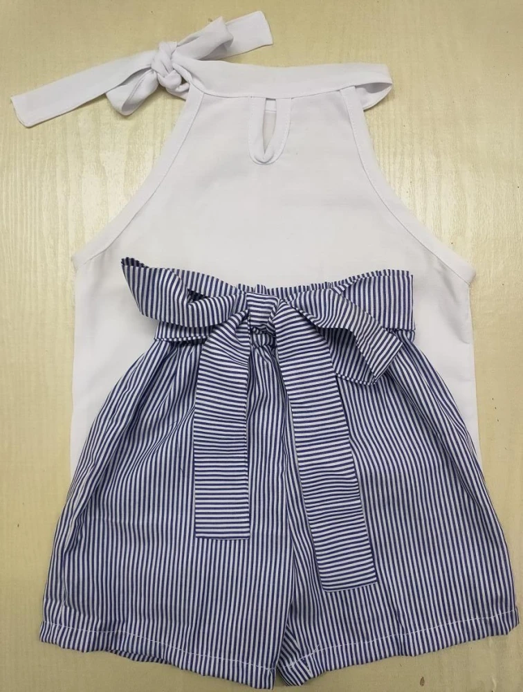 2 Pieces Set Kid Baby Girl Sleeveless Tie Knot Vest + Bowknot Striped Shorts