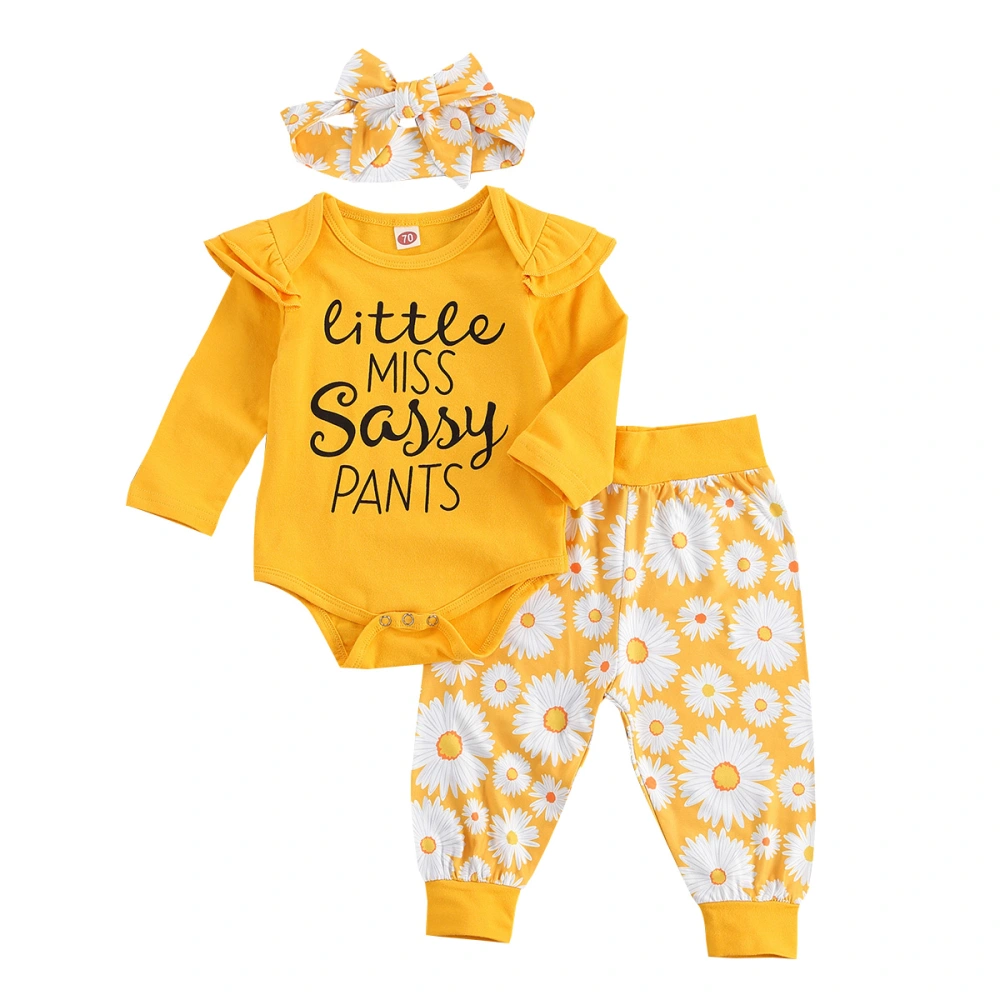 3-piece New Born Girls Letter Print Long Sleeve Romper, Long Pants and Hair Band