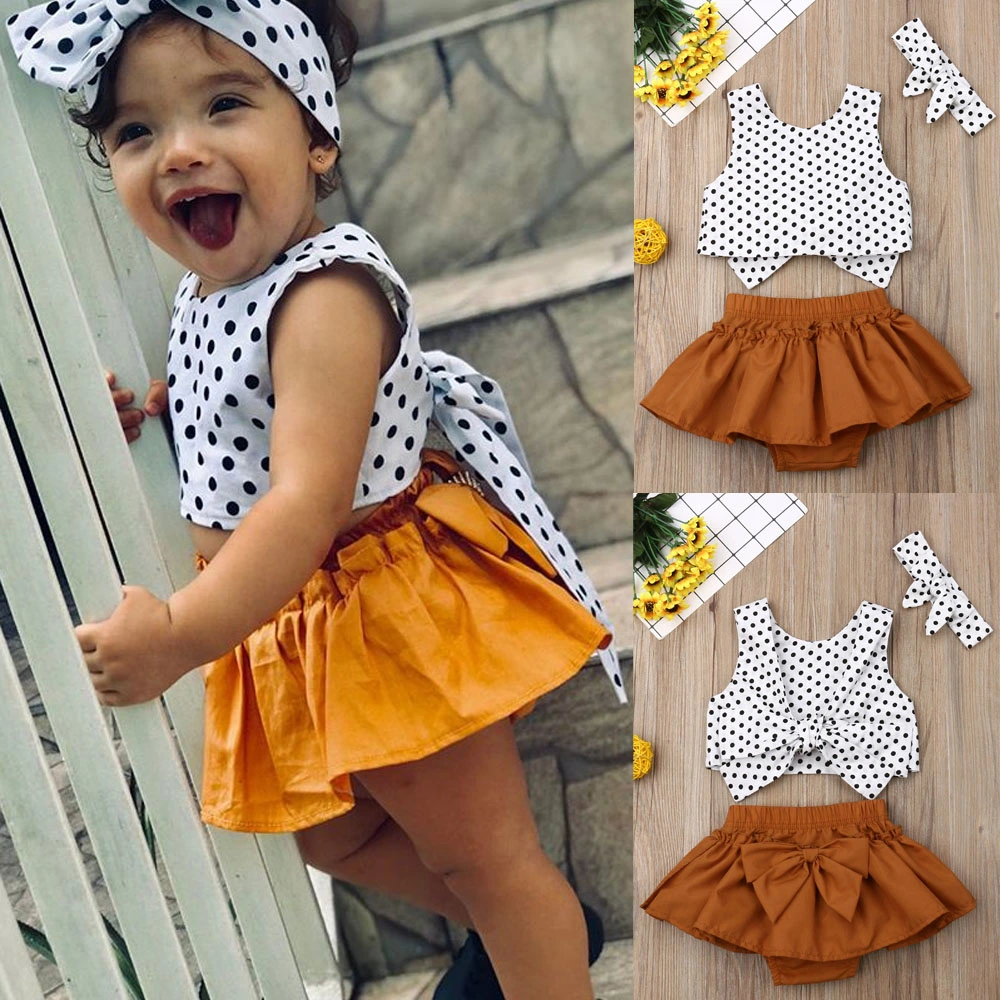 Girls 3 Pieces Outfit, Polka Dot Vest Crop Tops + Shorts + Headband