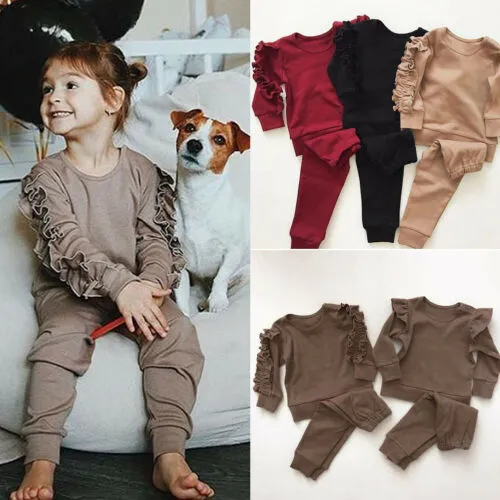 Baby Girl Long Sleeve Crew Neck Ruffle Top + Elastic Waist Trousers