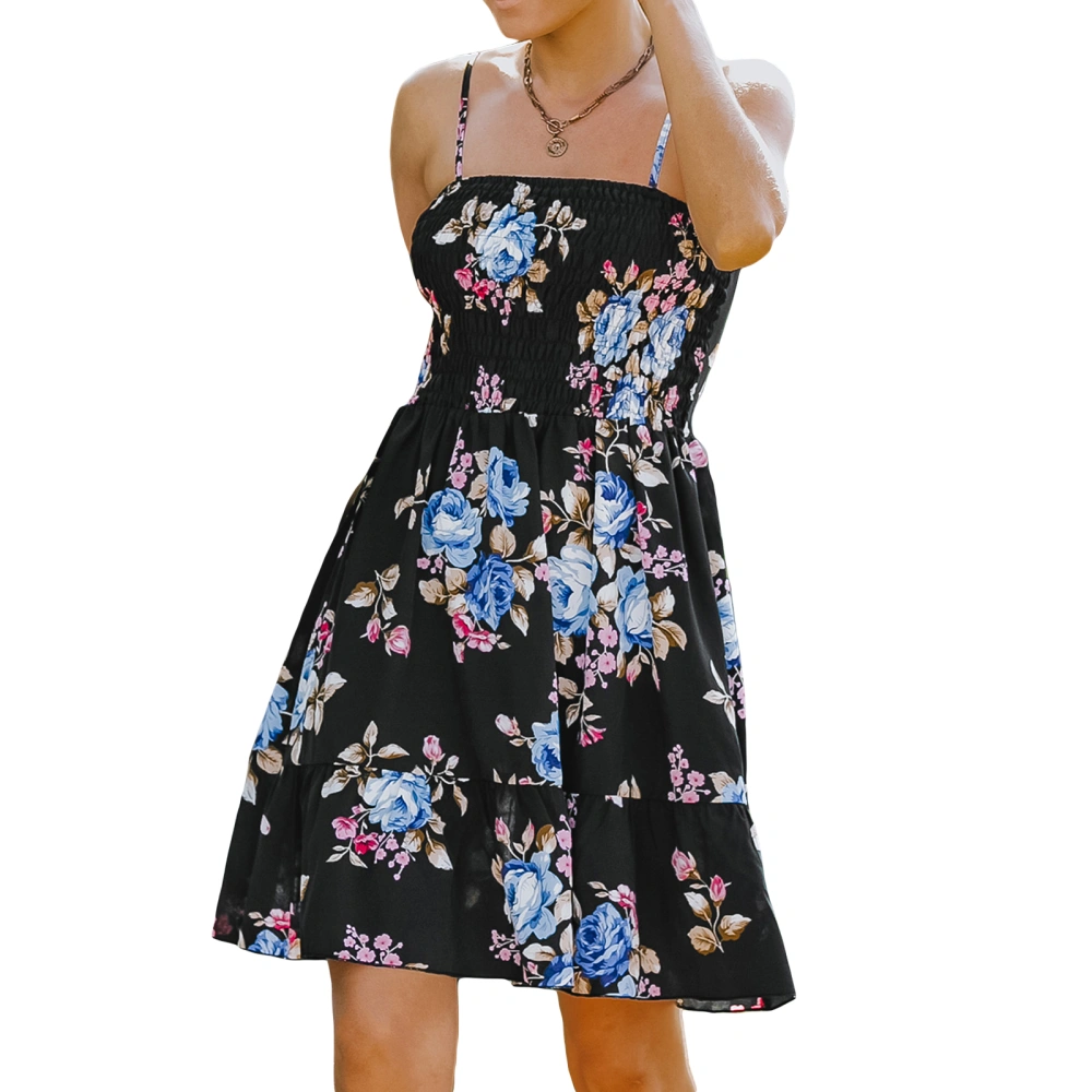 Women Spaghetti Strap Dress Floral Print Pleated Dress for Party