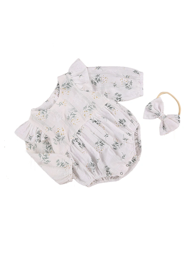 Baby Girls Autumn Clothes Set Long Sleeve Floral O-neck Ruffle Romper+Headband