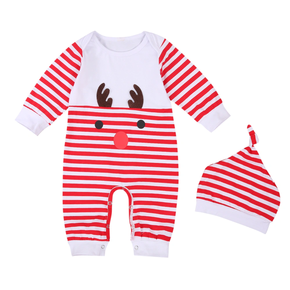 2Pcs Baby Christmas Outfits, Cartoon Deer Pattern Stripes Jumpsuit + Hat