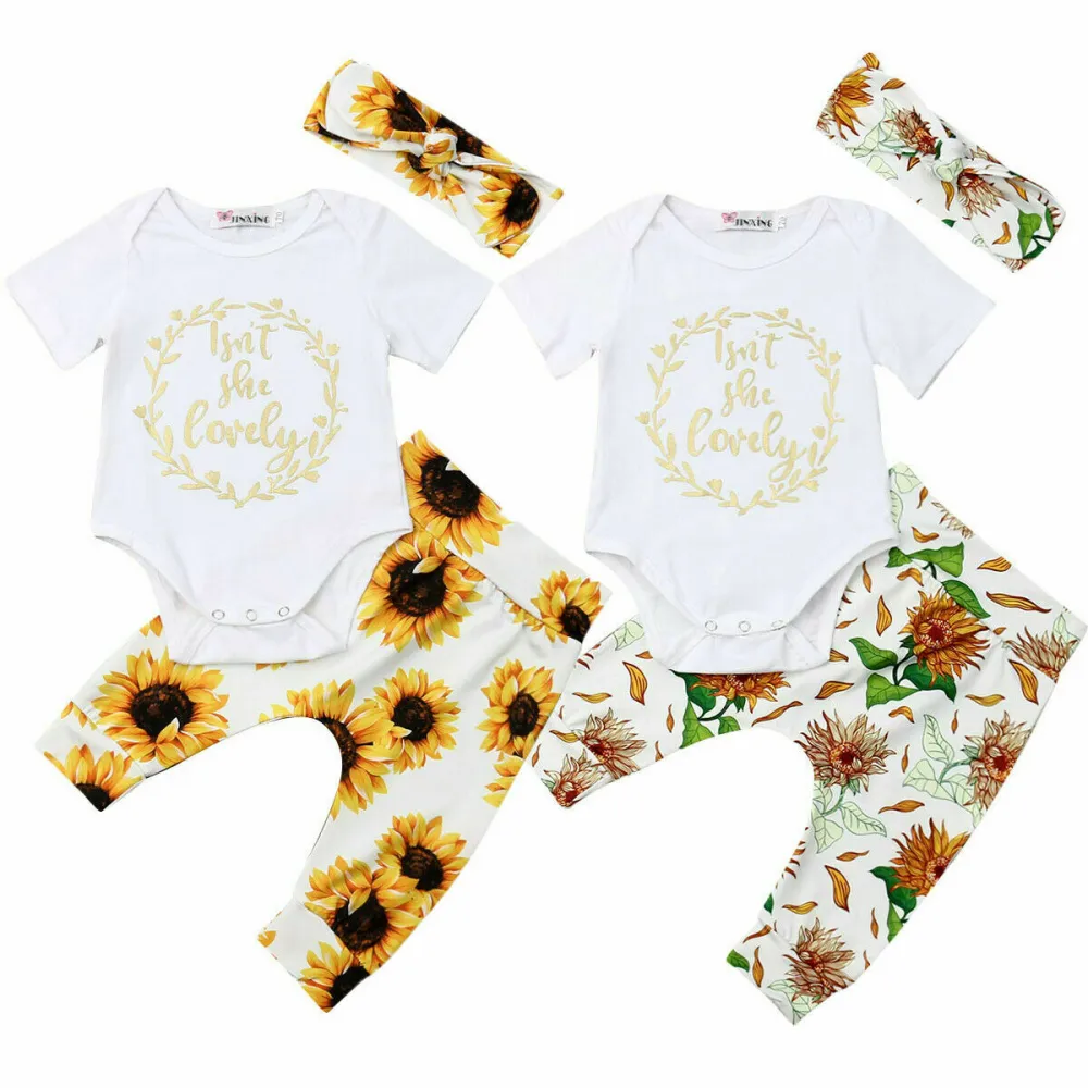 Girl's Short Sleeve Romper, Sunflowers Long Pants and Headband