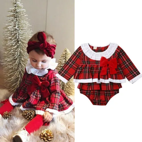 Baby Girl Plaid Romper Long Sleeve Ruffle Tutu Bow Jumpsuit