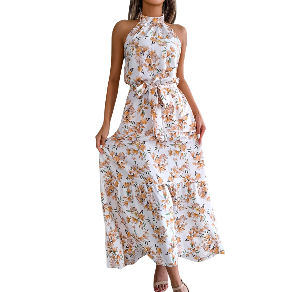 Women's Halter Dress, Sleeveless Floral Print Backless Dress with Belt