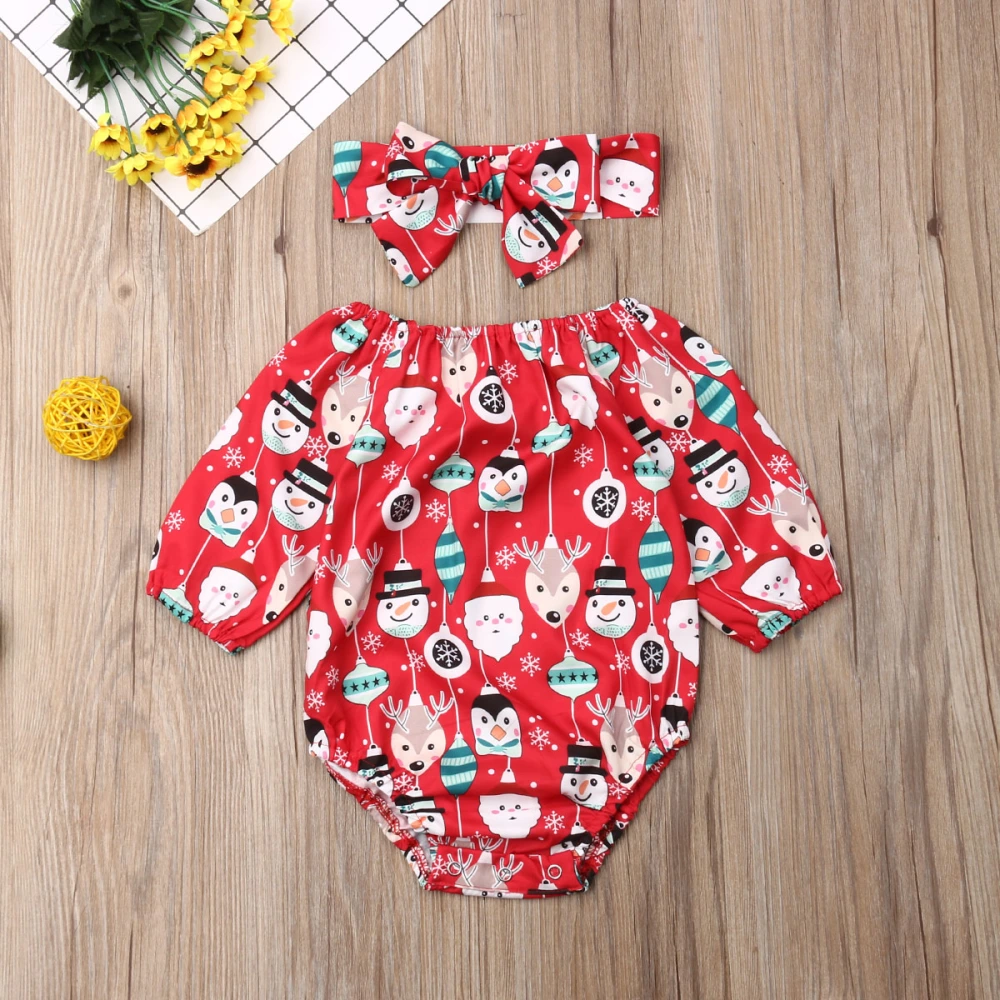 Newborn Christmas Bodysuit, Long Sleeve Cartoon Jumpsuit+Headband