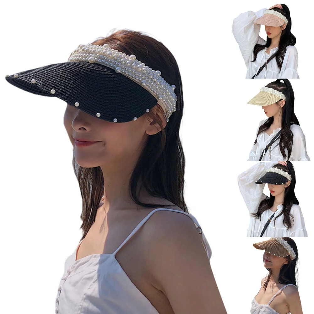 Female Visor Cap, Pearls Hollow Out Peaked Cap Sun-Resistant Hat