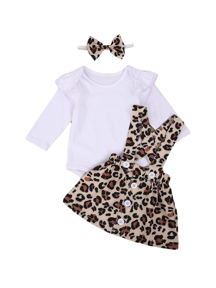 Leopard Suspenders Dress, Solid Color Lace Long Sleeve Top and Bow Hairband