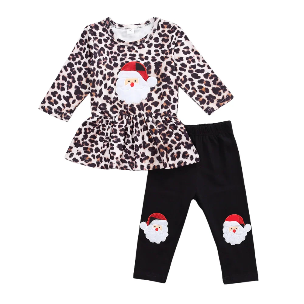 Girl's Leopard Santa Printed Long Sleeve T-shirt with Long Pants