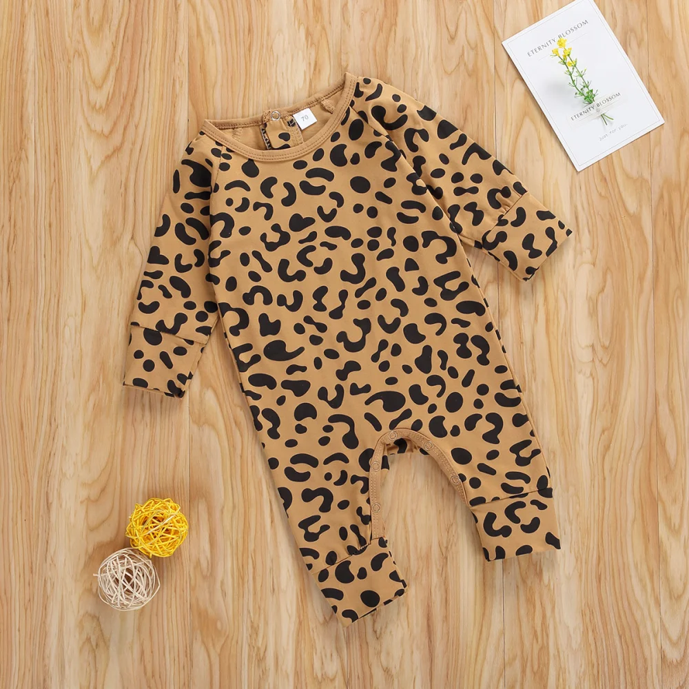 Baby Girls Long Sleeve Romper Leopard Round Collar Autumn Jumpsuit