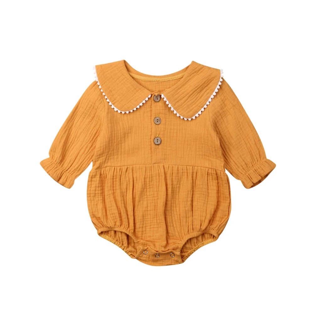 Girl's Solid Color Doll Collar Romper, Ruffled Sleeve Baby Playsuit