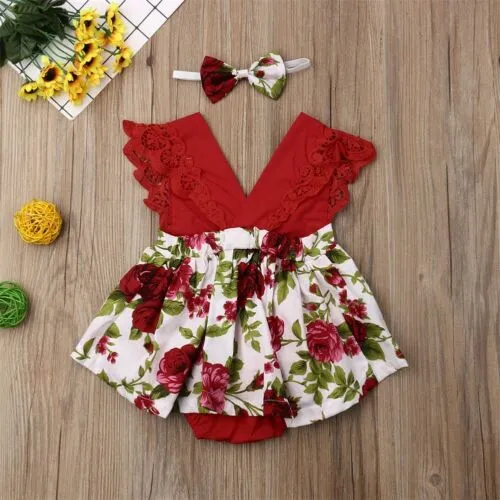 Baby Girl Cute Jumpsuit Floral Print Headband  V Neck Stylish Puff Skirt Romper