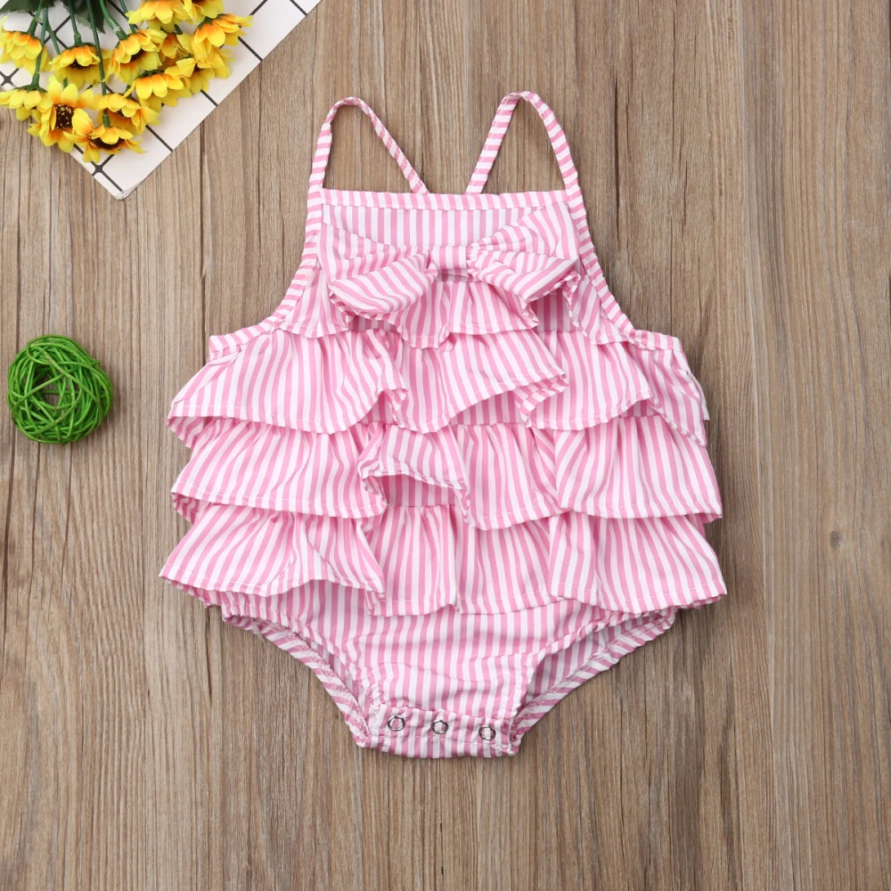 Summer Girls Romper, Sleeveless Backless Ruffled Stripe Bodysuit