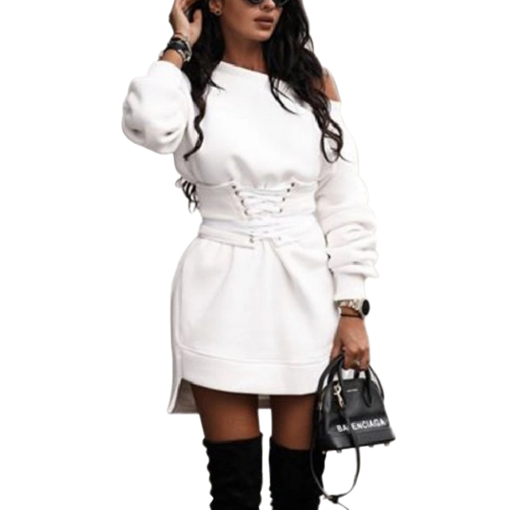 Ladies Sexy Skirt Pure Color Full-sleeve Lace-Up Waist All-Match Sweater Dress