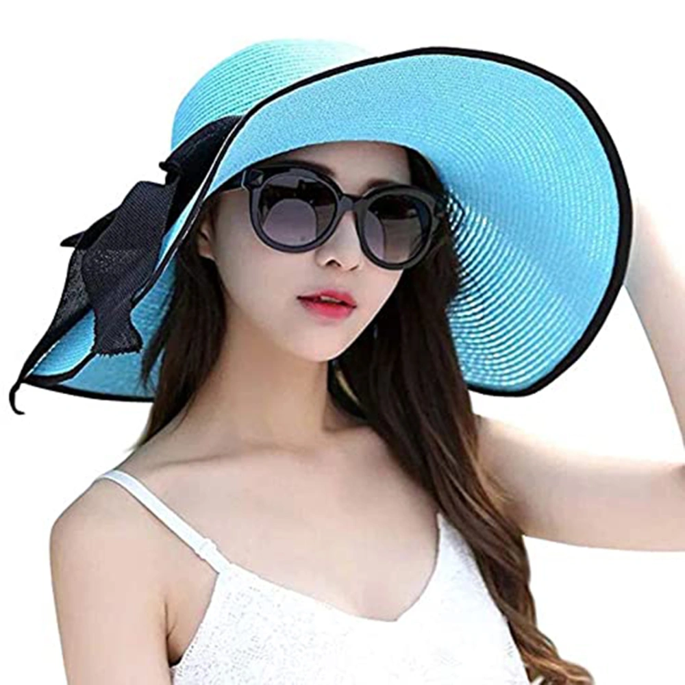 Women Straw Hat with Big Brim, Bow Ribbon Protection Accessory