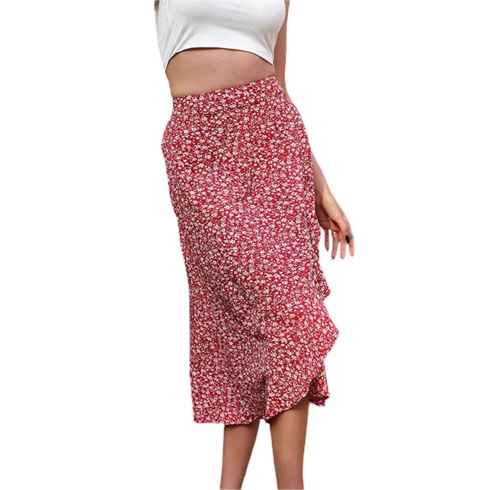 Ladies Skirt High Waist Floral Print Irregular Summer Long Skirt