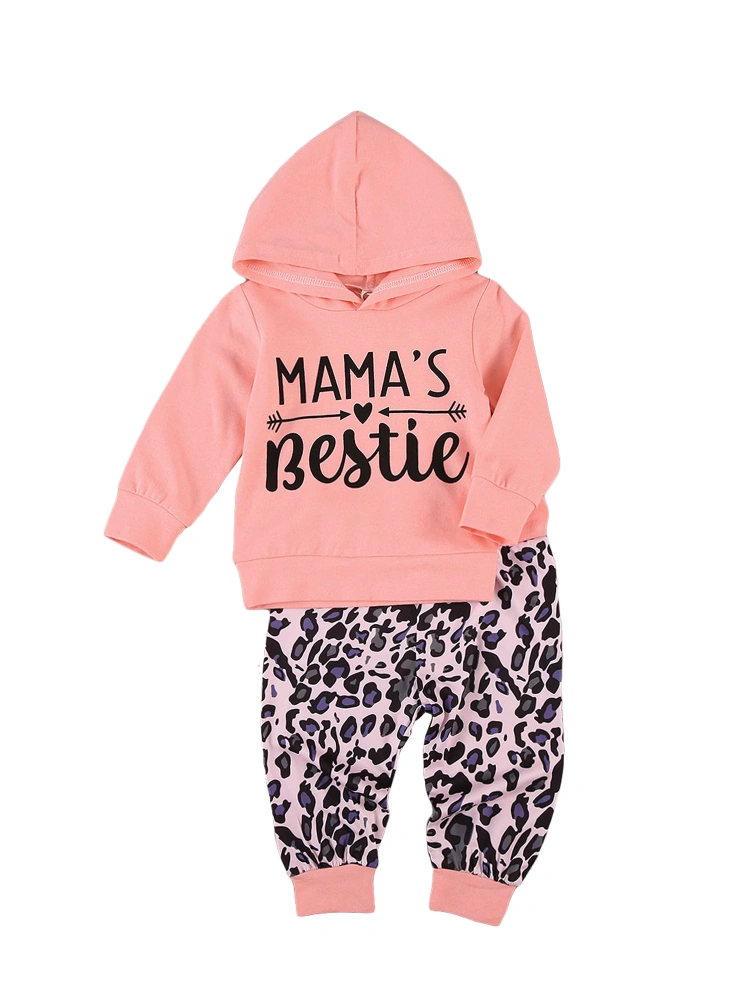 Baby Girl's Pink Long Sleeve Letter Print Hooded Top + Leopard Print Pants