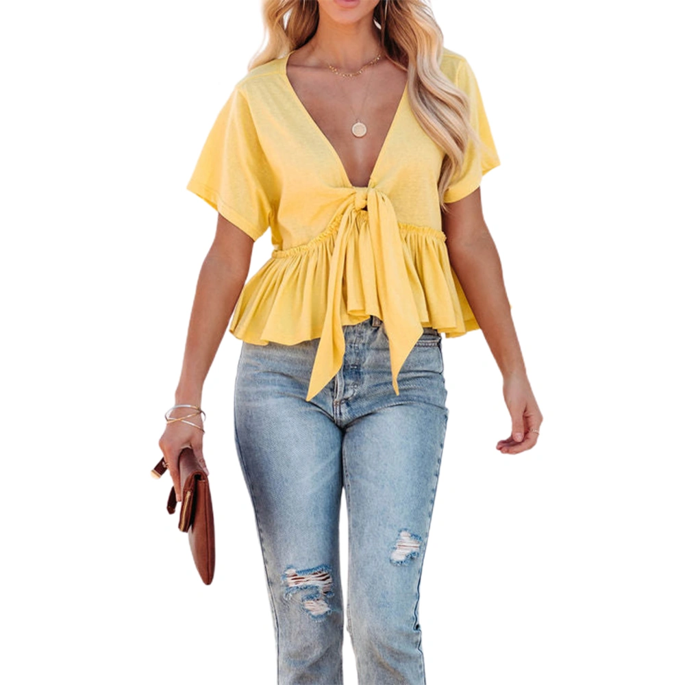 Bandage Blouse, Solid Color Short Sleeve Deep V-neck Ruffle Hem Tops