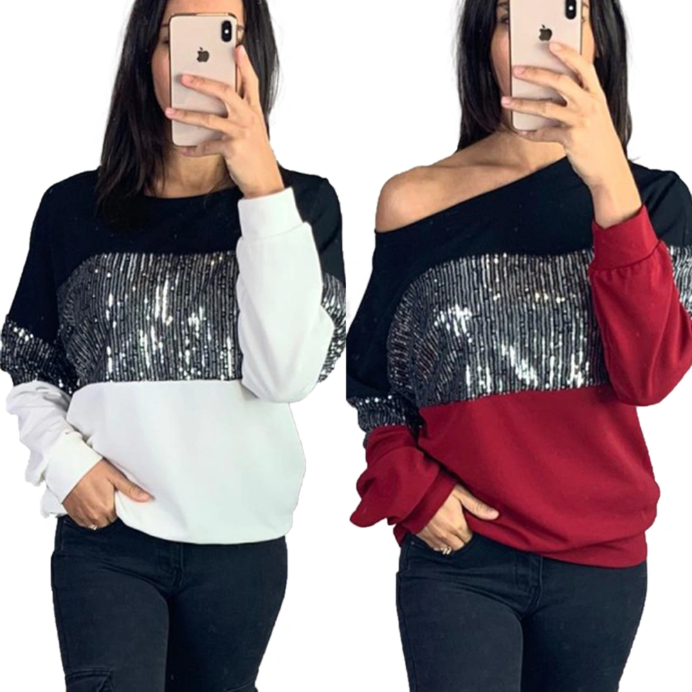 Ladies Pullover Blouse Loose Sequin Stitching Full Sleeve Warm Shirt