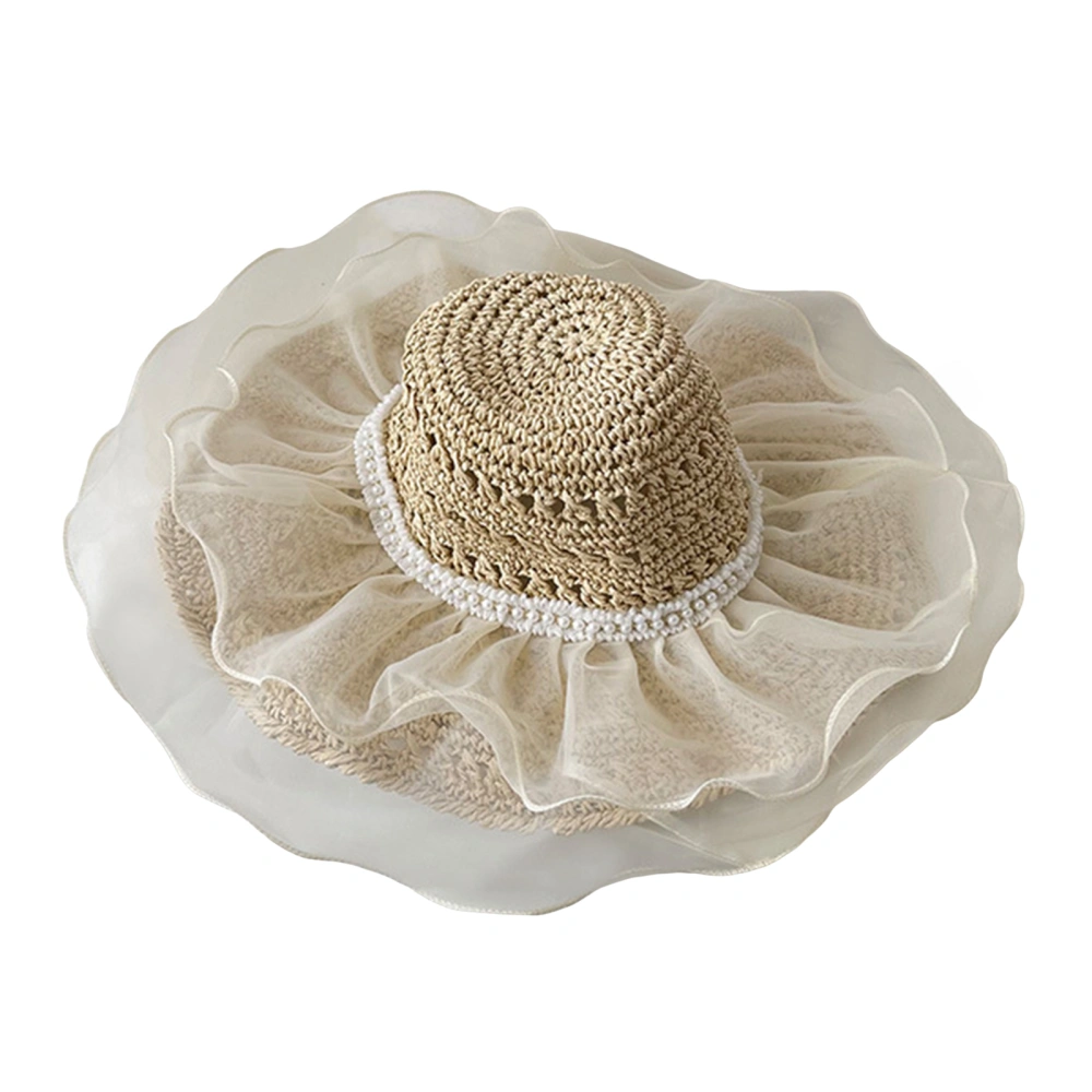 Women Bowler Straw Hat Elegant Lace Patchwork Wide Brim Sun Visor Caps