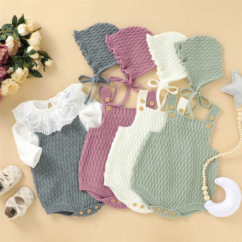 2 Pcs Baby's Suit, Sleeveless Knitted Vest Romper, Solid Color Lace-up Hat