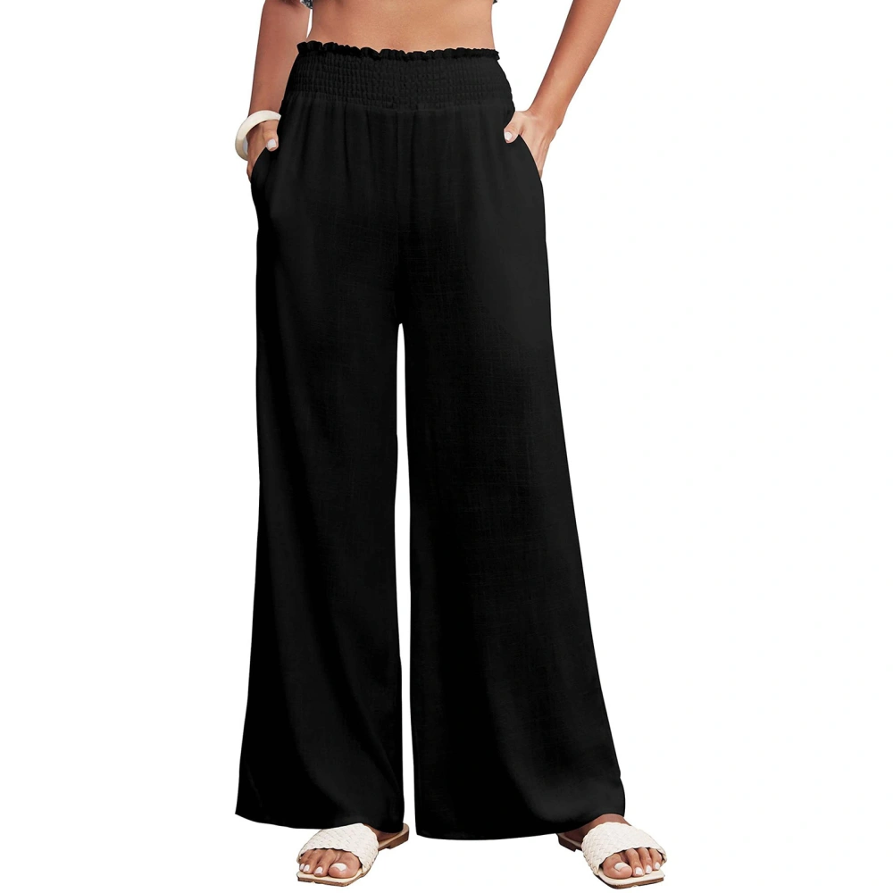 Women Long Pants, Solid High Waist Pleated Wide Leg Trousers 