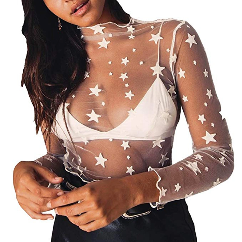 Women Summer Blouse, Stars Printed Sheer Long-Sleeves Closefitting Crop Top