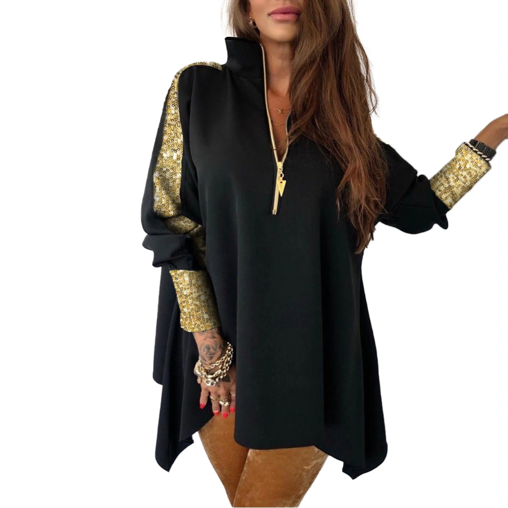 Women V-Neck Sequins Patchwork Shirt, Zipper Design Long Sleeve Blouse