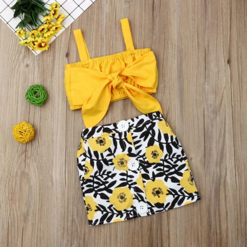 Girls 2 Pieces Outfit, Strap Bow Crop Tops and Flower Skirt Set