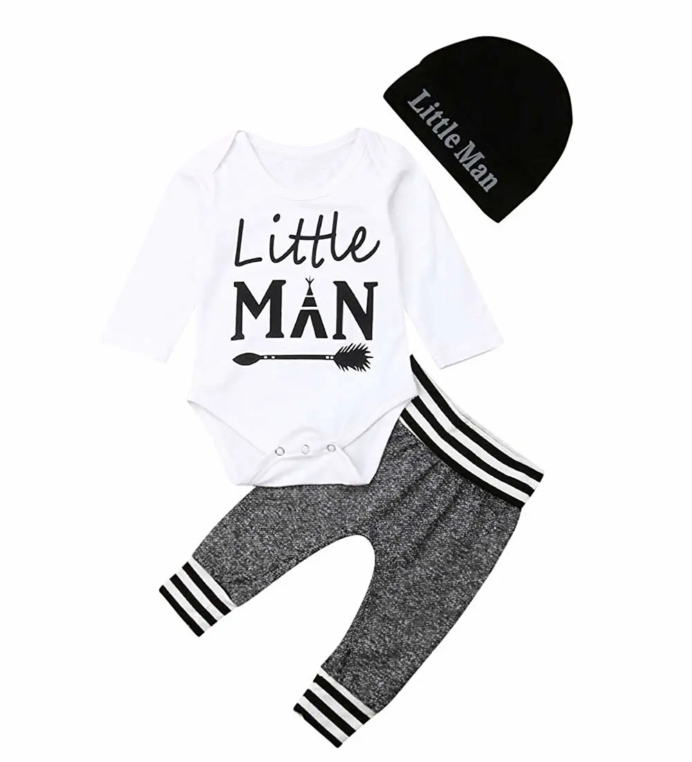 Newborn Baby Boys 3-piece Outfit Set Letter Print Romper+Pants+Hat Set