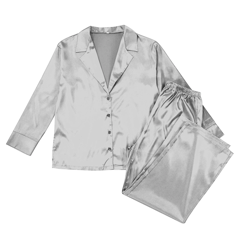 Women 2Pcs Sleepwear, Long Sleeve Lapel Collar Shirt + Loose Trousers