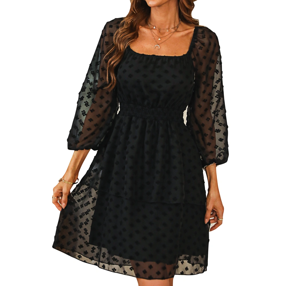 Women Backless Ruffled Dress, 3/4 Sleeve Square Neck Short Dress