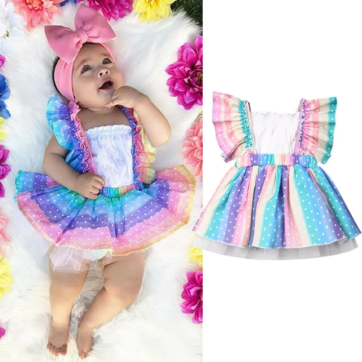 Baby Tube Wrap Tops Suspender Dress, Newborn Girl Rainbow Romper