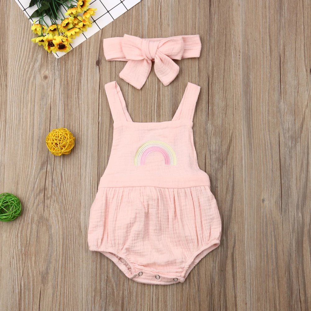 Newborn Baby Girls Romper, Embroidery Rainbow Strap Jumpsuit with Headband