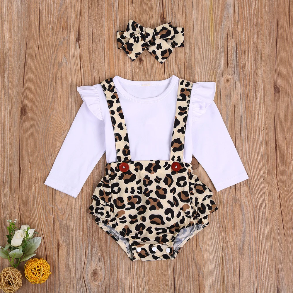 Baby Girl Fall Outfits Suspender Button Leopard  Romper + Headband Set