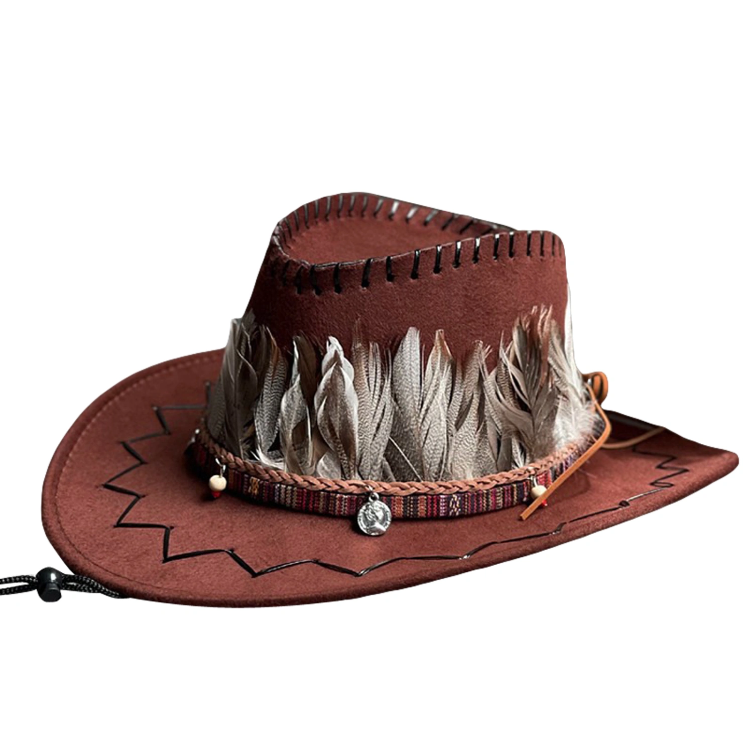 Women Men Western Cowboy Hat Retro Feather Fedora Hat for Hiking 