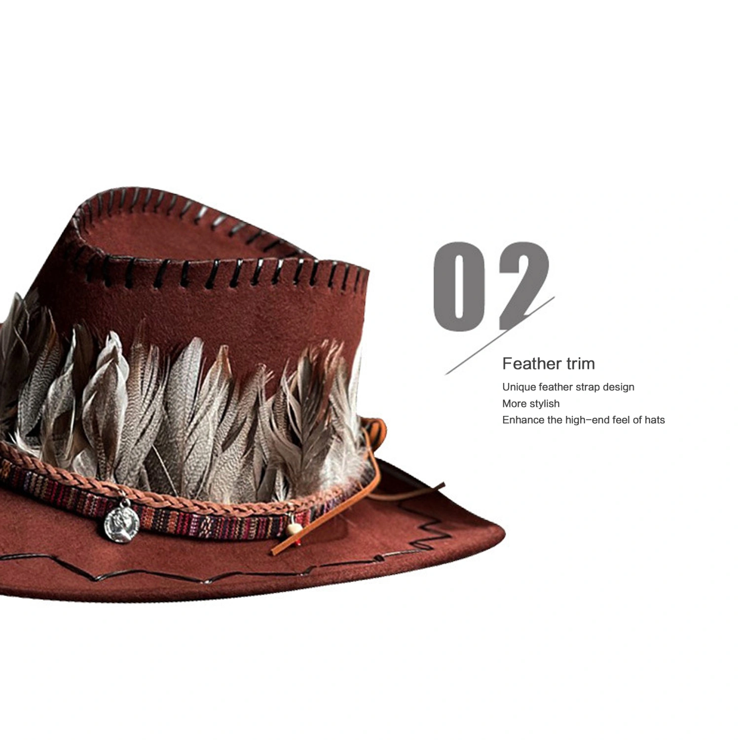 Women Men Western Cowboy Hat Retro Feather Fedora Hat for Hiking 