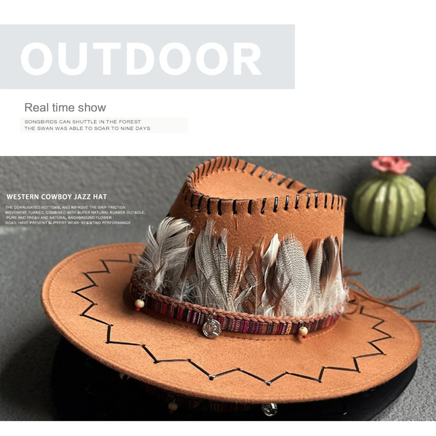 Women Men Western Cowboy Hat Retro Feather Fedora Hat for Hiking 
